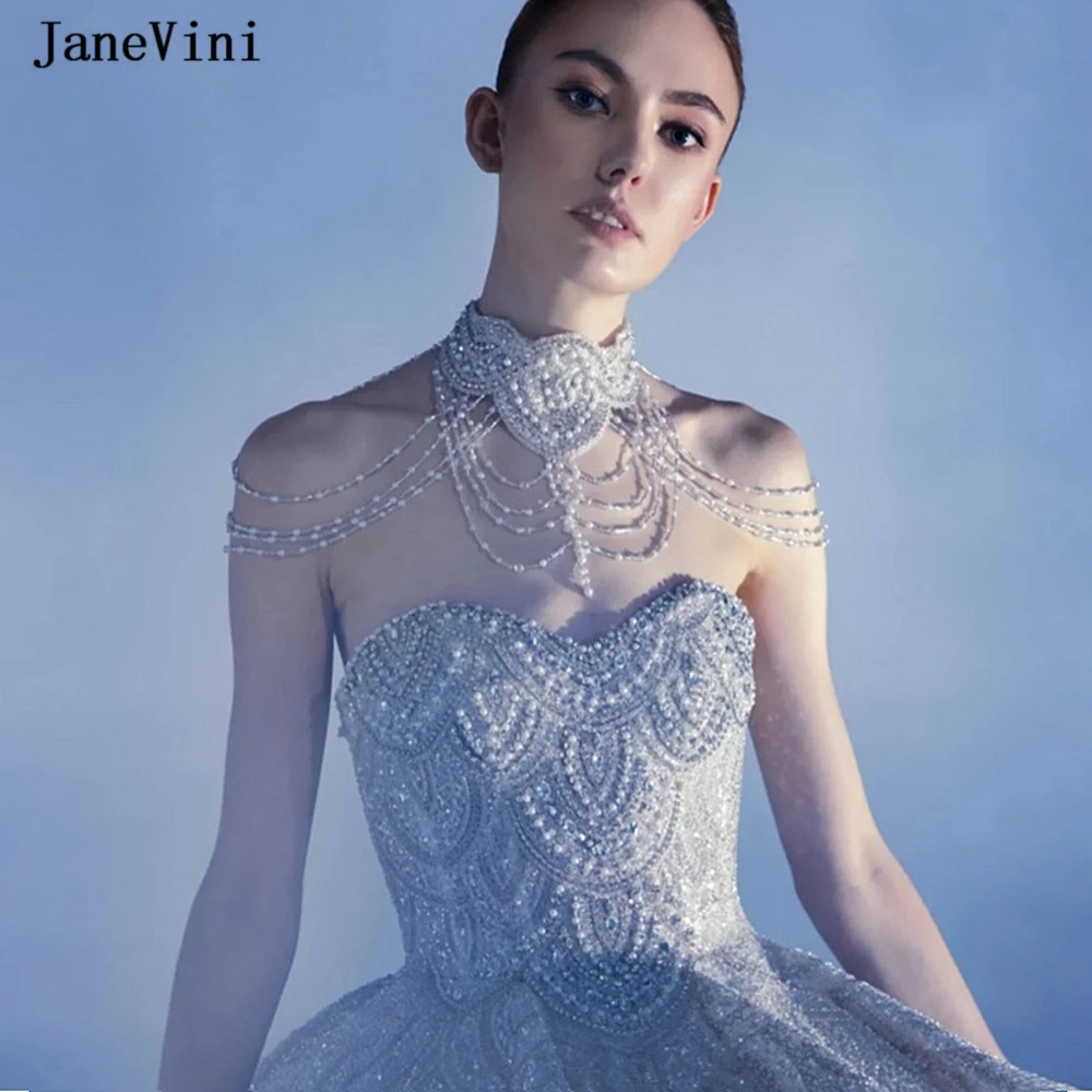 JaneVini Luxury European Rhinestone Bridal Shoulder Necklaces Shawl Crystal Pearls Tassel Body Chain Jewelry Wedding Accessories