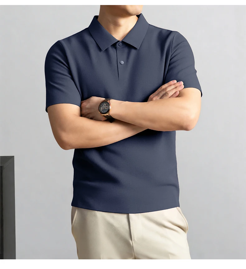 Modisches, einfarbiges Kurzarm-Poloshirt aus luxuriöser atmungsaktiver Eisseide für Herren Sommer Business Casual, bequem, vielseitig, T-Shirt – Detail 24