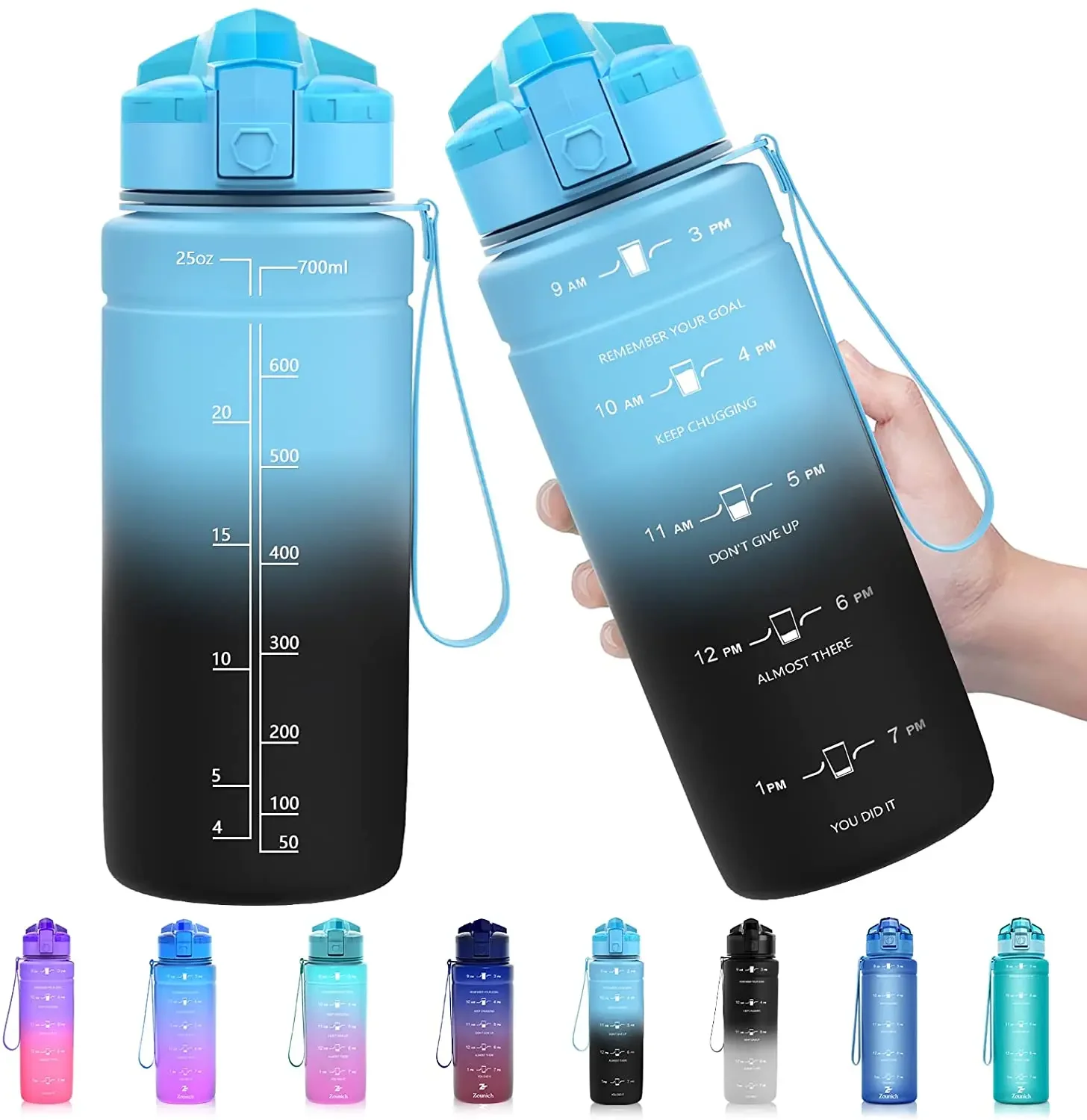 ZOUNICH 500/1000ml Sport Water Bottle With Time Marker Gradient Color Portable High Temperature Resistant Plastic Cup Fitness