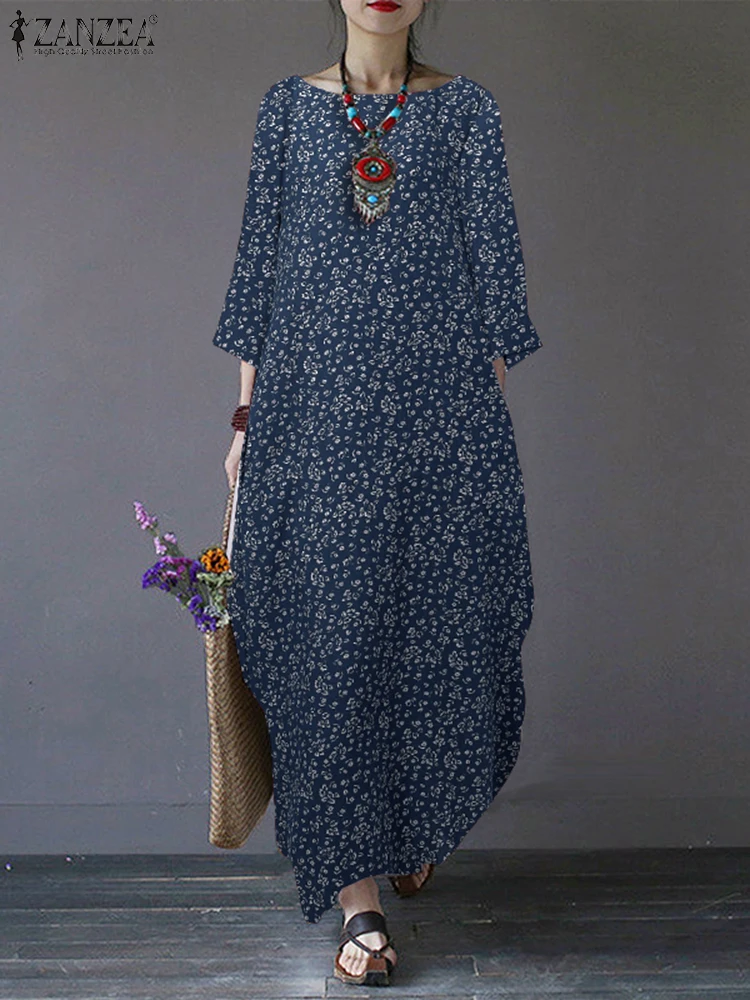 ZANZEA Women's Ethnic Floral Print Cotton Linen Long Dress 2025 Autumn Casual Boatneck 3/4 Sleeve Breathable Loose Dresses S-3XL - AliExpress 200000345 ZANZEA Women's Ethnic Floral Print Cotton Linen Long Dress 2025 Autumn Casual Boatneck 3/4 Sleeve Breathable Loose Dresses S-3XL - AliExpress 200000345