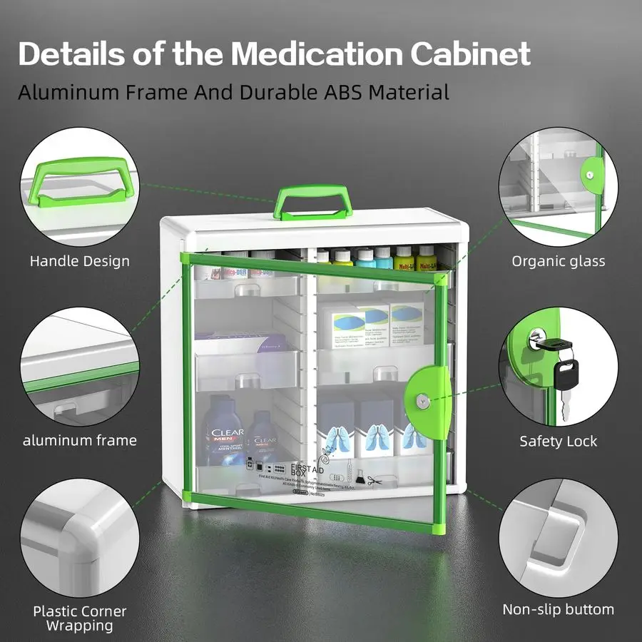 خزانة أدوية مع صندوق قفل أدوية مثبت على الحائط باللون الأخضر مقاس 15 × 6.7 × 13 بوصة حاوية تخزين محمولة بسعة كبيرة #3