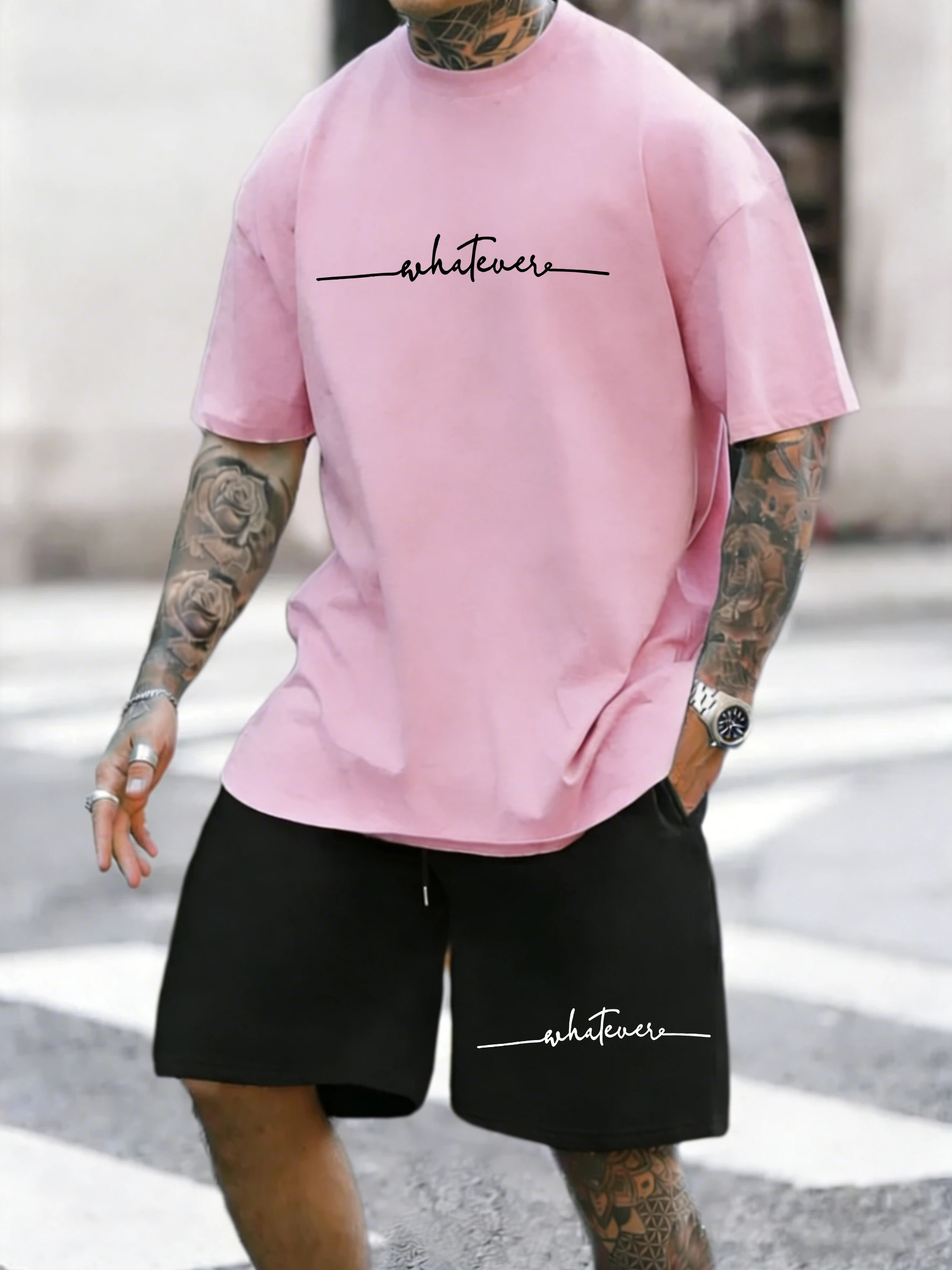 

Two Pieces T Shirt Set Whatever Letter Prints Cotton Tops Shorts Mens Oversized Soft O-Neck T-Shirts Pocket High Waisted Pants