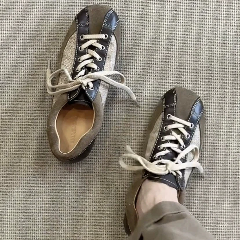 Women Retro German Trainer Sneakers Flat Lace‑up Shoes Spliced Fabric Leather Patchwork Casual Athletic Shoes Vintage Street