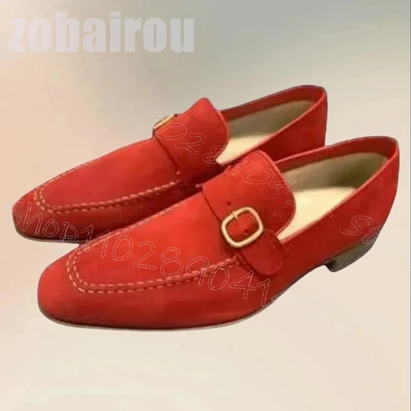 

Red Suede Sewing Design Buckle Men Loafers Fashion Slip On Men Shoes Luxurious Handmade Party Banquet Dating Men Casual Shoes