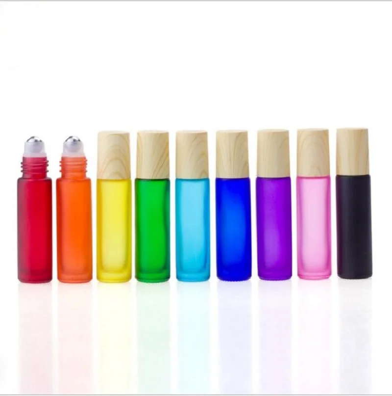 

10ml frosted colorful glass bottle steel roll ball wooden shape lideye cream/perfume/essential oil,deodorant skin care packing