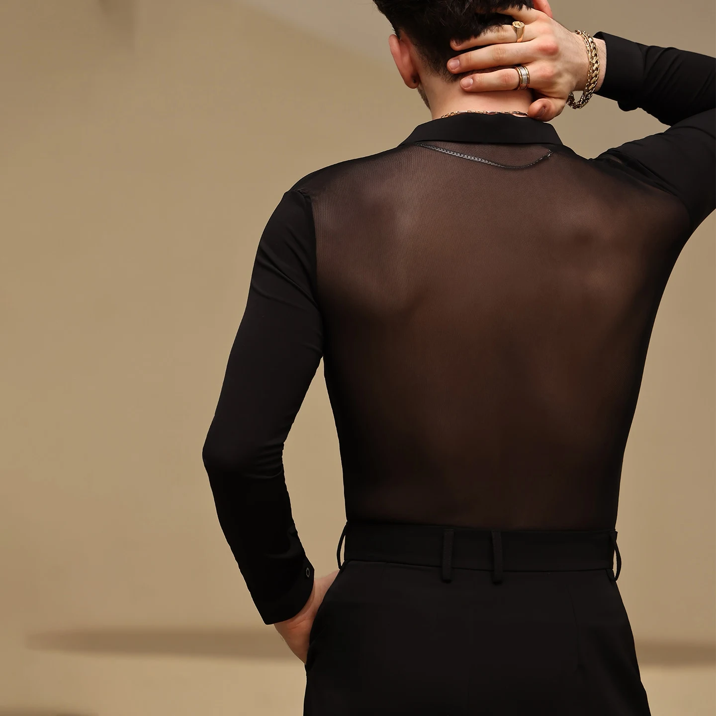 Adulte mâle vêtements de danse latine hommes maille épissage hauts noirs Salsa Rumba salle de bal danse compétition vêtements pratique haut BL16719