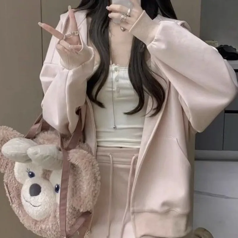 Korean College Hooded Hoodie Lace Sling Skirt Three Piece Set Women Fashion Temperament Drawstring Sweet Solid Loose Spring Suit