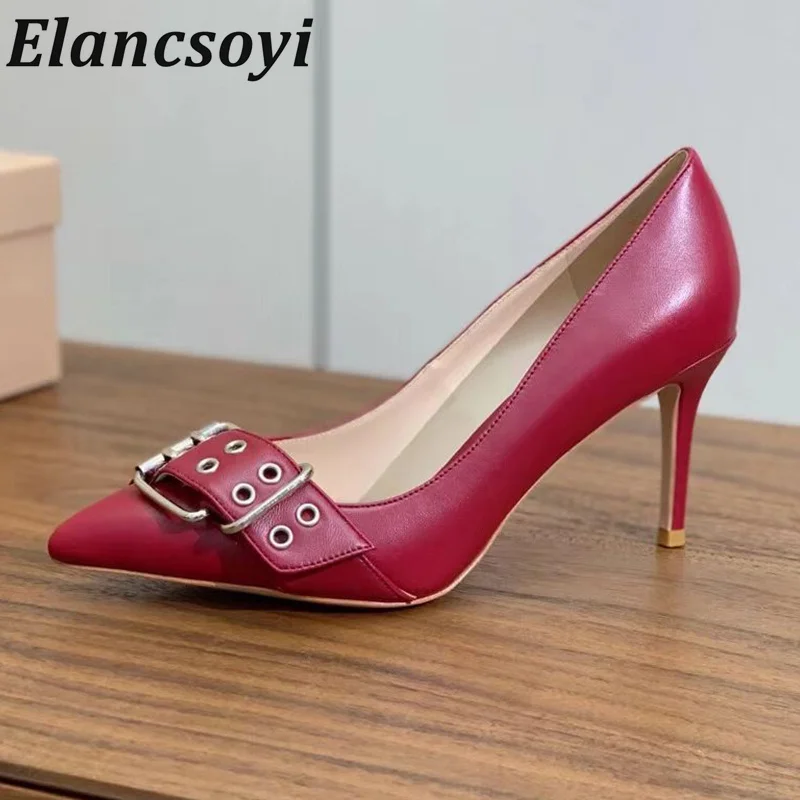 

Spring Autumn Pointed Toe Metal Buckle Decor Genuine Leather Pumps Women Thin High Heels Single Shoes Party Banquet Dress Shoes