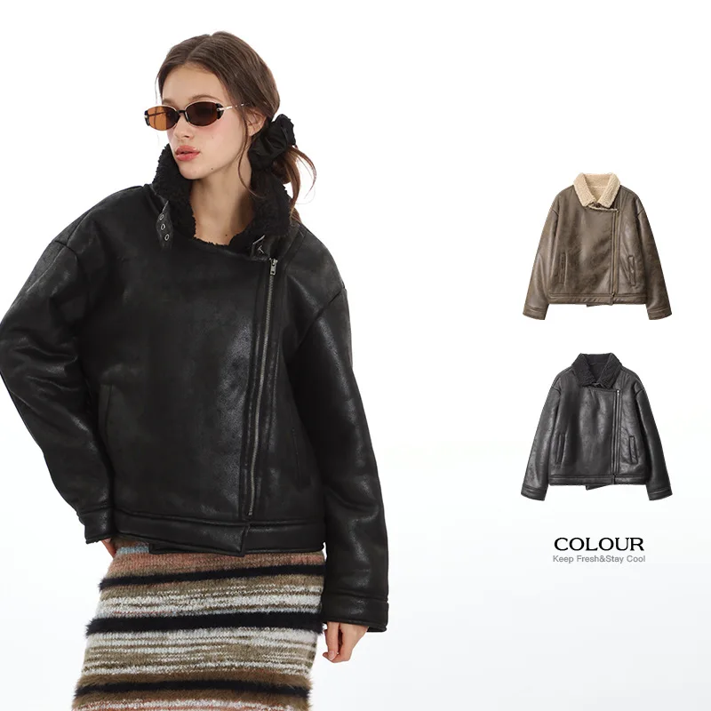 Winter Lamb Wool One-piece Leather Jacket for Women Short PU Leather Jacket