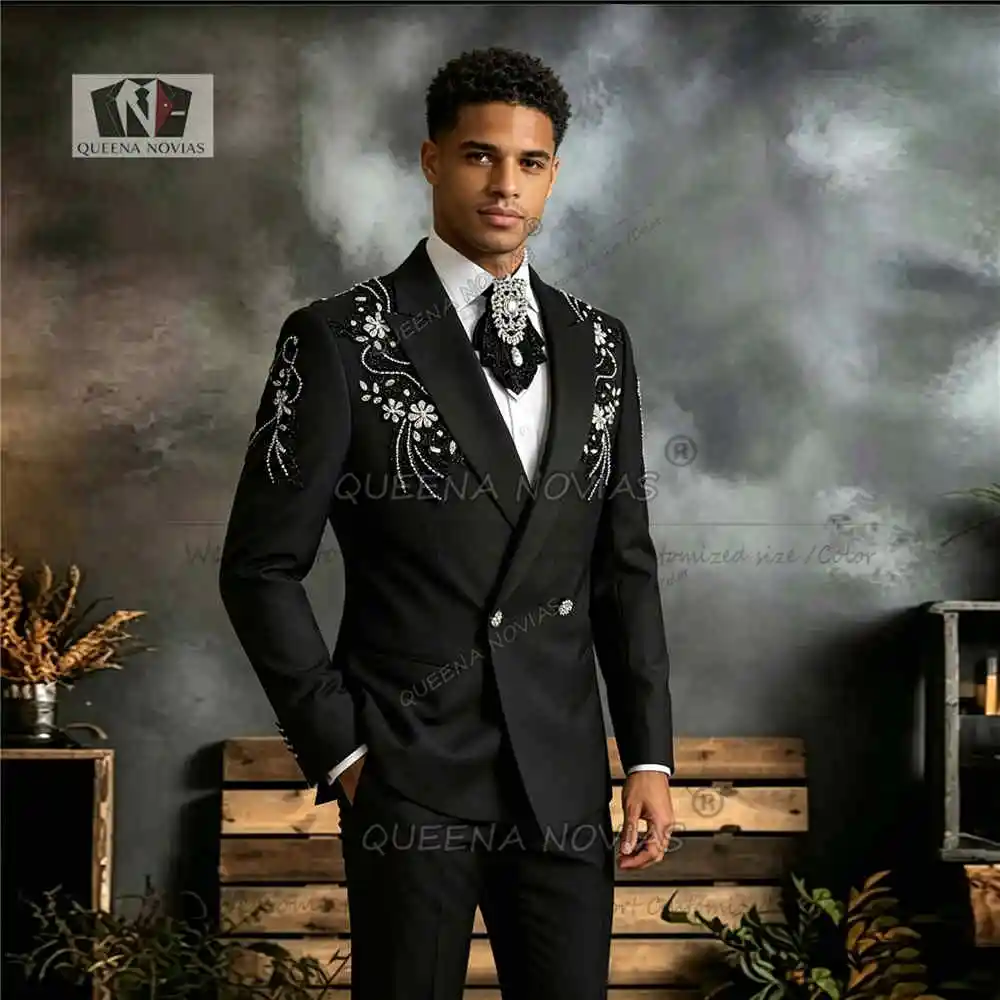 Elegant Tuxedo Suit Set For Man Wedding Guest Diamond Beaded Prom Blazer Pants 2 Piece Double Breasted Groom Dinner Party Attire