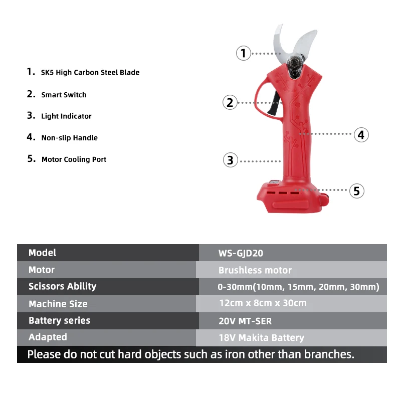 WOSAI 20V MT-Series Pruner ไฟฟ้าไร้สายเฉือน Brushless ที่มีประสิทธิภาพผลไม้ต้นไม้ Bonsai Pruning Branches Cutter