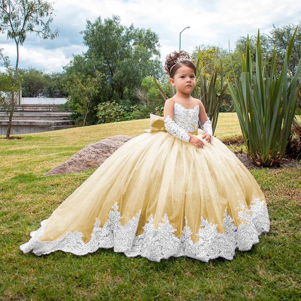 Long Sleeves Flower Girl Dresses For Weddings Toddlers Satin Bow Ball Gown  Pageant Dress Sparkly 1st Communion Party Gowns - AliExpress