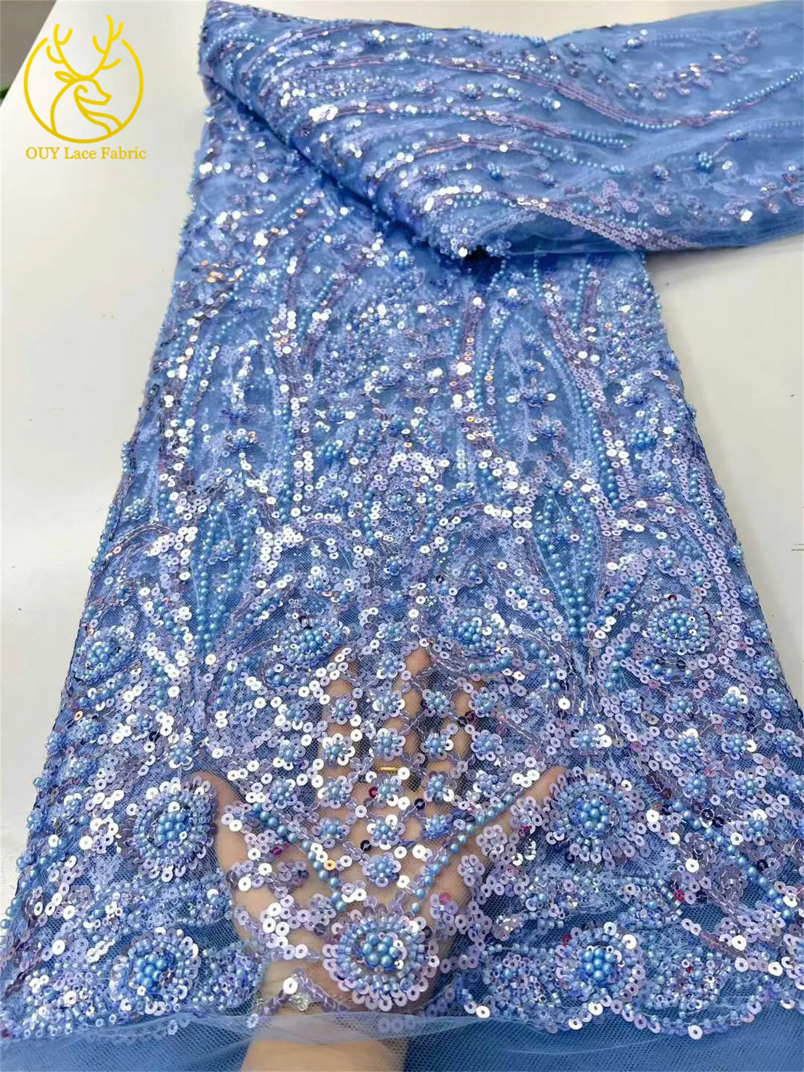 5 yardas de tela de encaje africana verde lima con lentejuelas y cuentas, encaje de tul con lentejuelas reales francesas 2026 para material de costura de vestidos de fiesta para mujer
