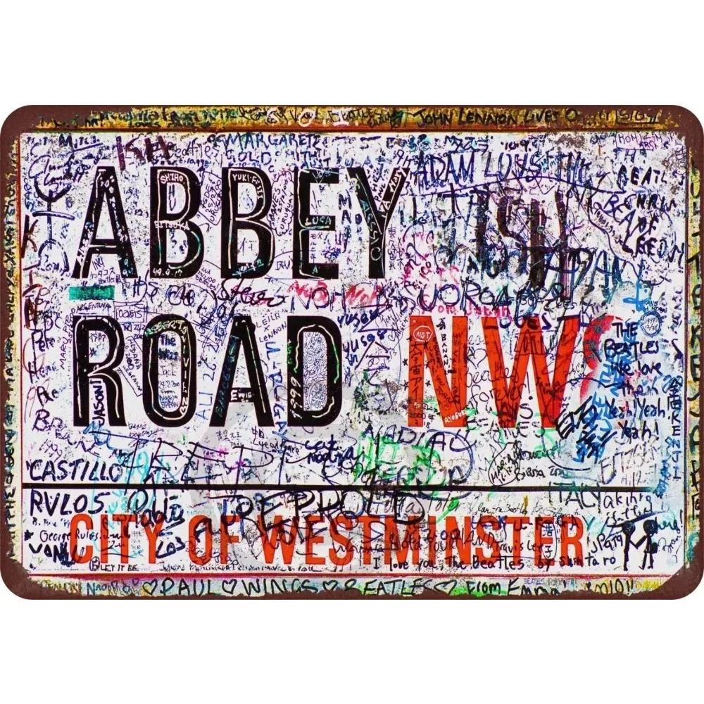 Abbey Road Beatles Defaced Sign - Vintage Aluminum Reproduction, Rock Band Decor for Home