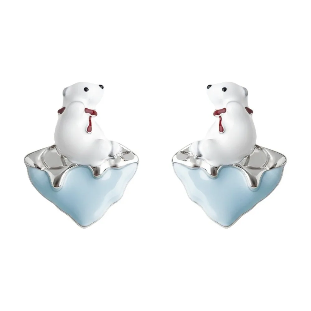 Enamel Polar Bear Stud Earrings Creative Unique Melting Icebergs Earrings Silver Studs Childishness Greenism Ear Studs Gift