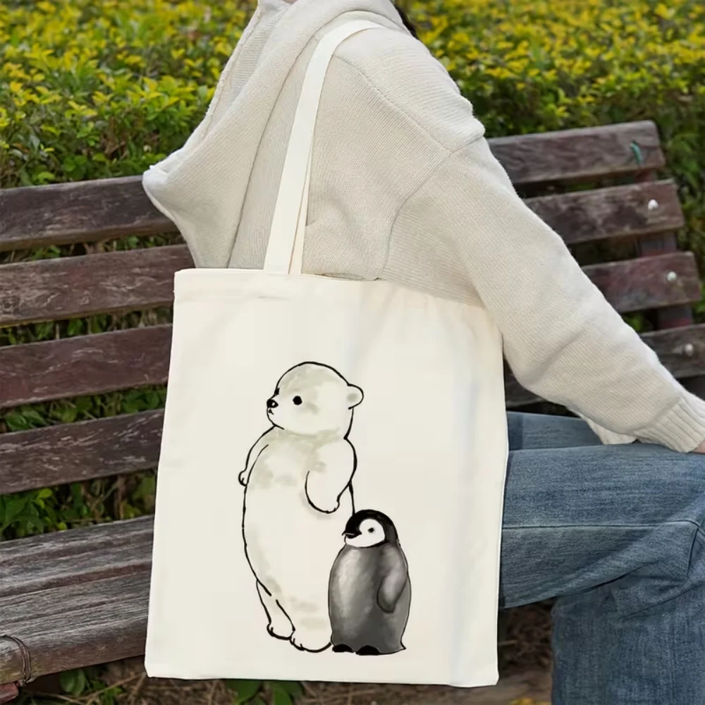 Ink Sketch Polar Bear And Penguin Printed Canvas Tote Bag Handbag For Daily Commute Shopping And Short Travel Use
