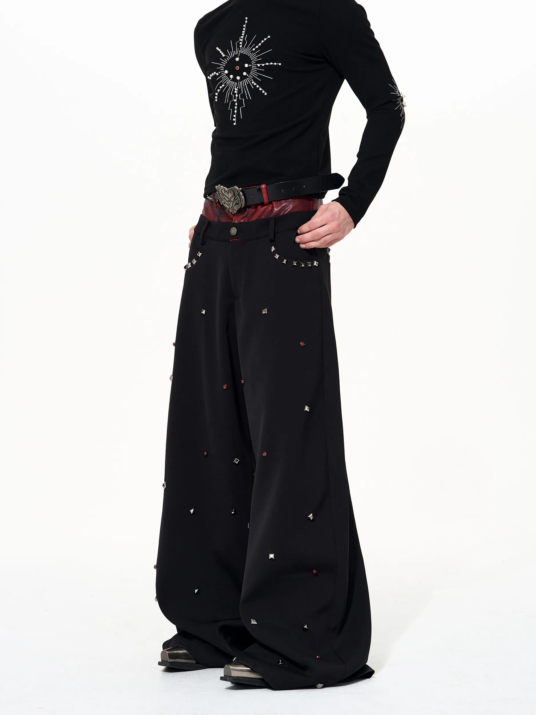 

Bla Leather Patchwork Casual Pants for Men Long Dra Design Autumn Winter Rivet Decoration Floor-Length West-sle Trousers