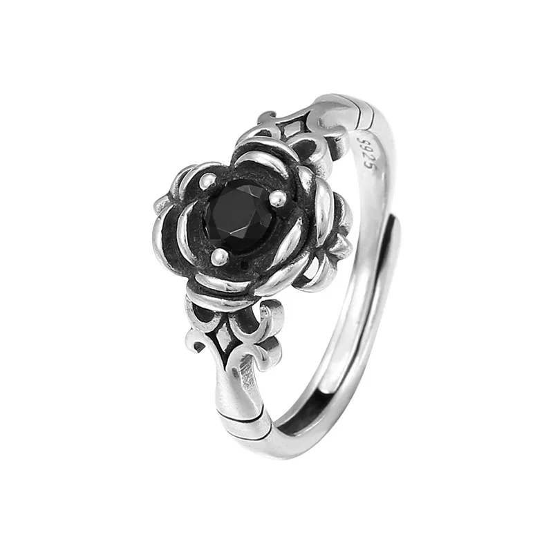 

Flower ring female retro old ring niche hip hop punk style Thai silver accessories