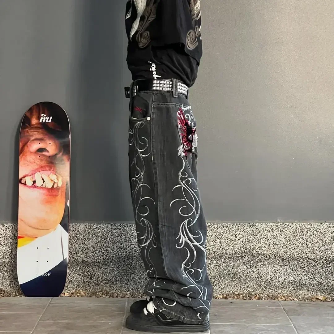 Calça retrô de perna larga reta feminina e masculina, moda de rua, hip-hop, casual, Y2K, Harajuku, bordado, novo, 2024