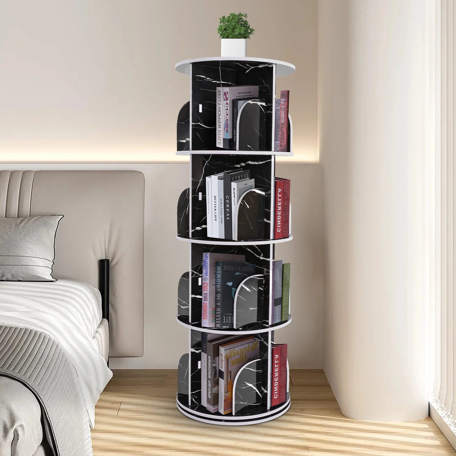 Stylish 360° Rotating Desktop Bookshelf, 4 Tiers, 16 Compartments, PVC Wood-Plastic Composite, Space-Saving Design for Home &