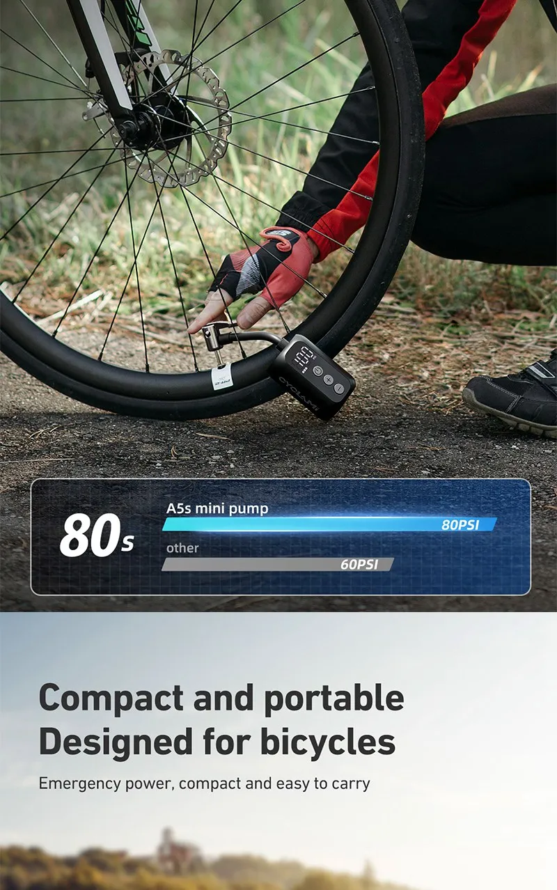 CYCLAMI 100 PSI Hochdruck-Minipumpe mit Display, tragbare elektrische Taschenpumpe für Fahrräder, schneller Kompressor, Reifenfüller – Detail 5