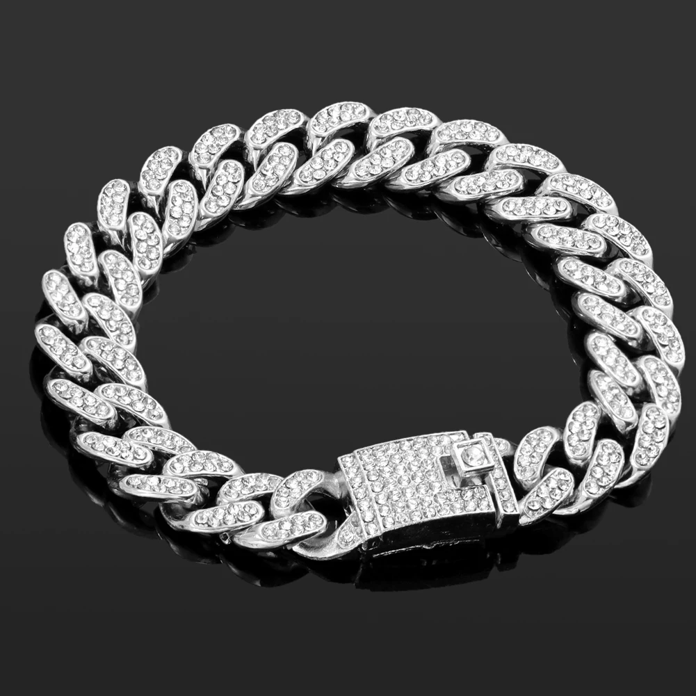 Men Women 13MM Miami Cuban Link Chain Bracelet Iced Out Rhinestone Paved Chunky Cuban Chain Bracelets Hip Hop Jewelry