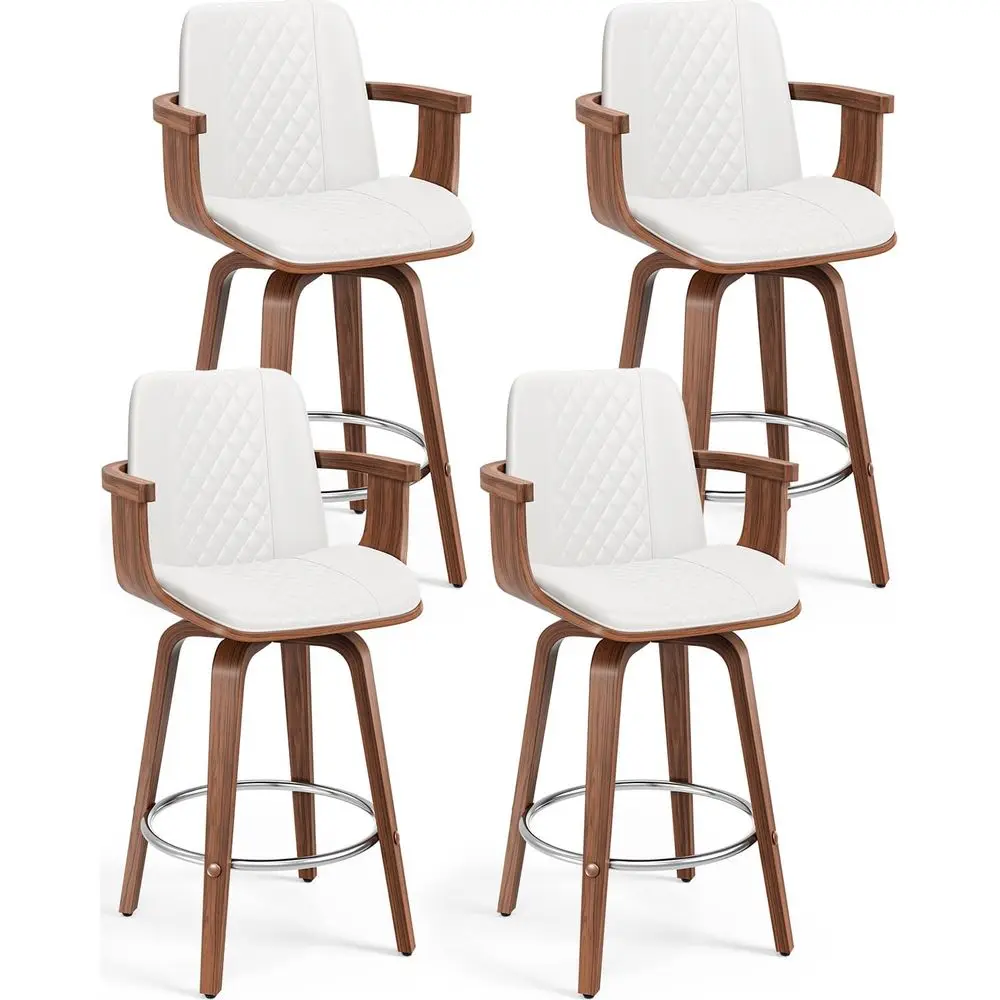 

Set of 4, 26 Swivel Bar Stools with Wooden Arms, High Back PU Leather, White for Kitchen Islands and Café