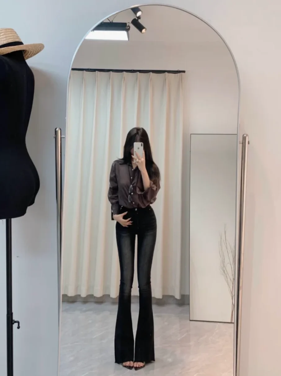 

High Waist Stretchy Women's Jeans Bootcut Long Pants Cotton Stretch Denim Thiened Hips Aging Light Blue Spring Autumn
