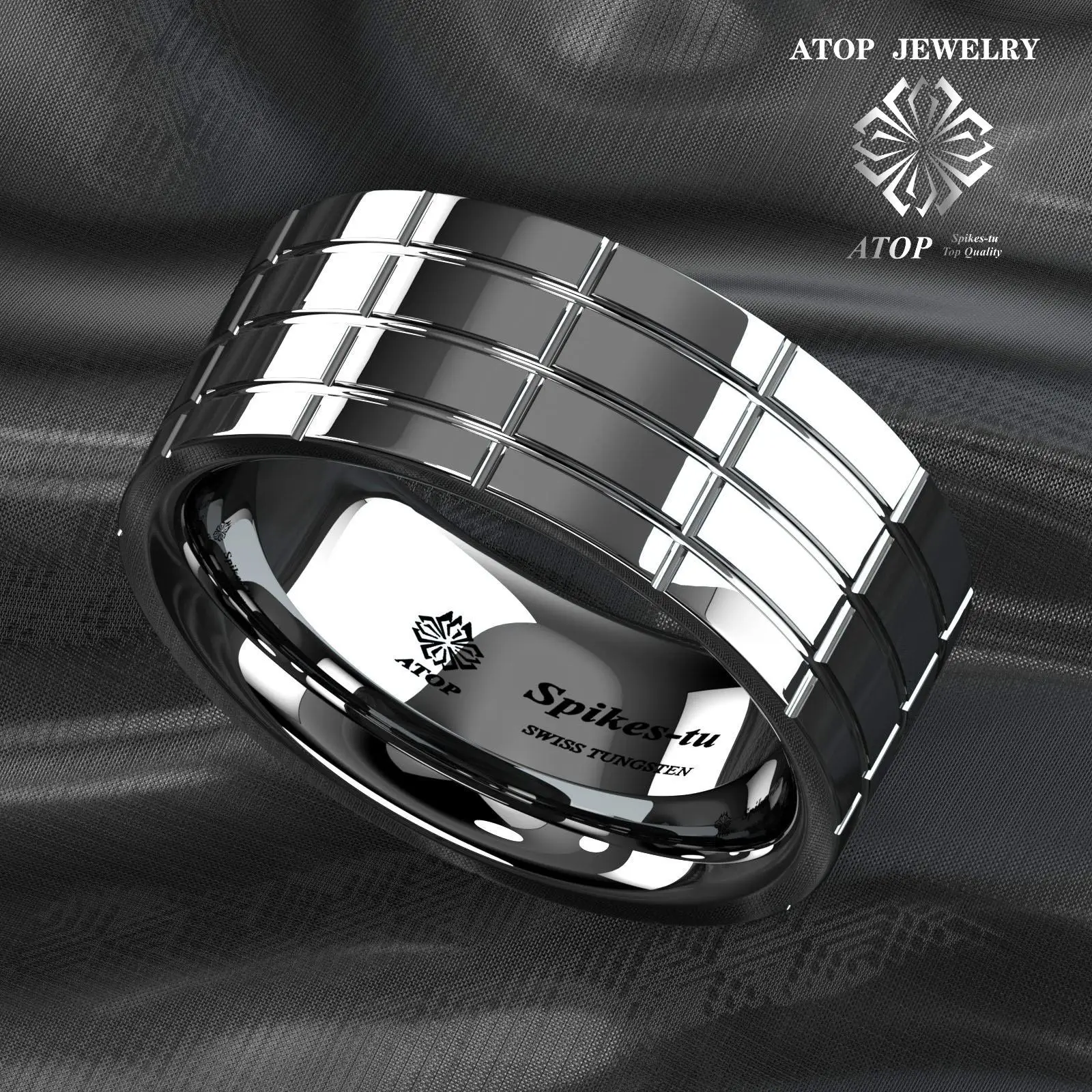 Silver Mirror Plated Tungsten Ring Grooved Mens Wedding Bands ATOP Jeswelry