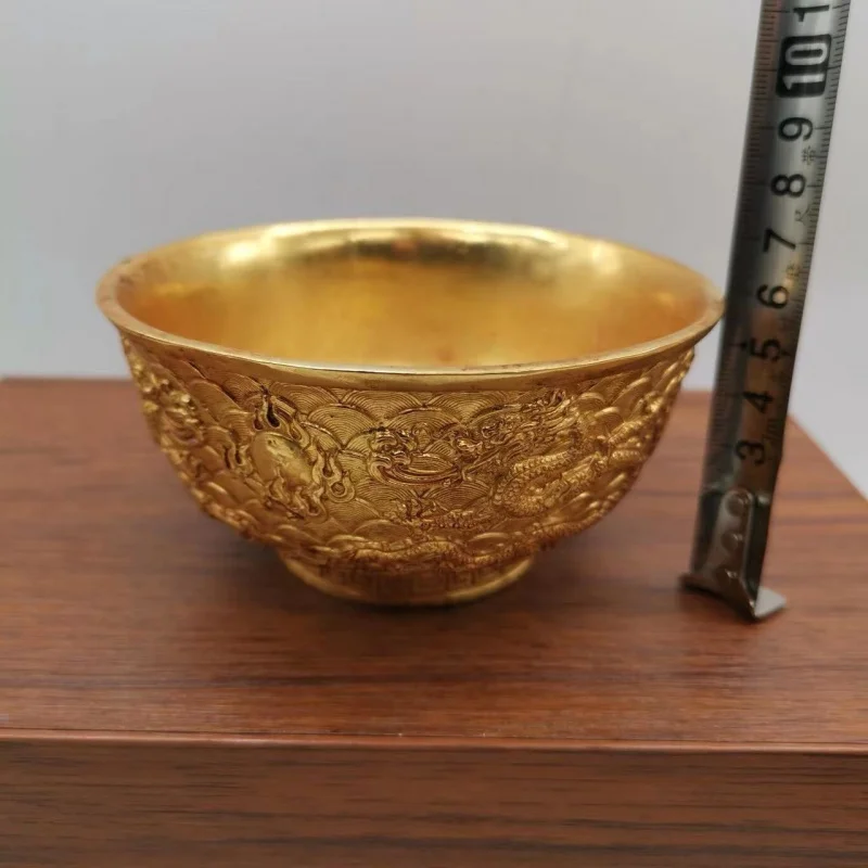 Antique copper bowl, thickly gilded with double dragons, made in the Qianlong era, collected from rural areas