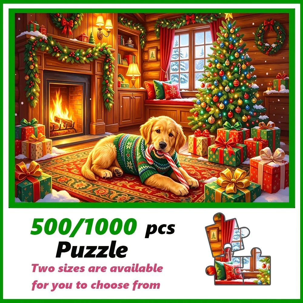 Christmas Jigsaw Puzzle 4 Styles Golden Retriever Gingerbread Man Fireplace Scene 500-2000 Pieces Paper Puzzle Xmas Home Decor G