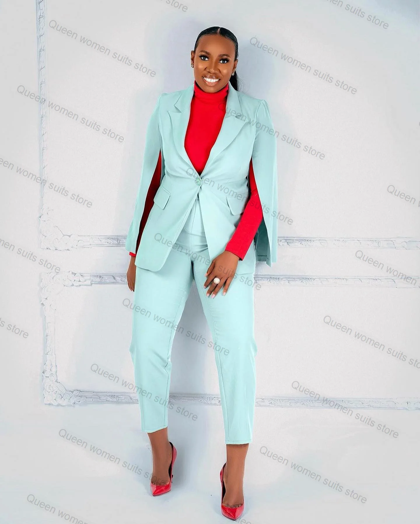 Blue Women Suit Pants Set 2 Piece Blazer+Trouser Split Sleeves Formal Office Lady Jacket Spring Coat Customized Prom Outfit