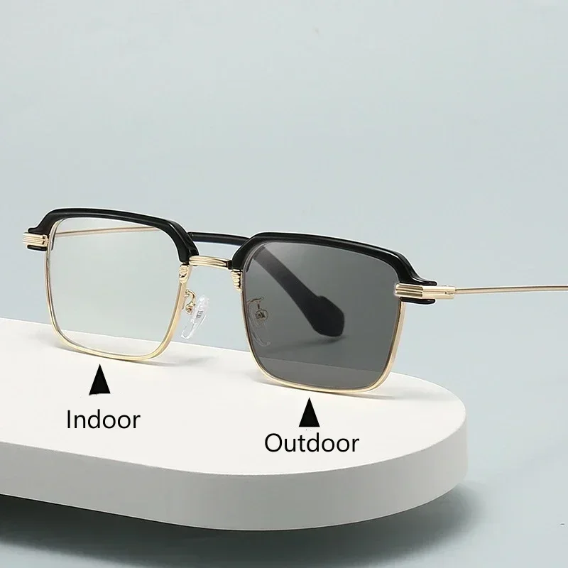 Color Changing Anti Blue Light Eyewear Trendy Men Half Frame Photochromic Reading Glasses High Definition Clear Lens Glasses