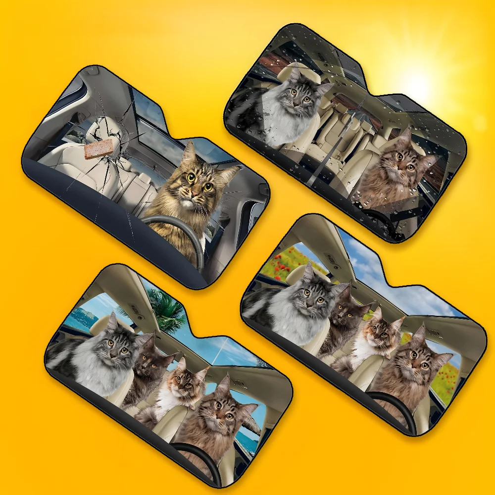 Maine Coon Cat Car SunShade Windshield Foldable Three-layer Insulation Sunshade By Suction Cup Blocks UV Rays Sun