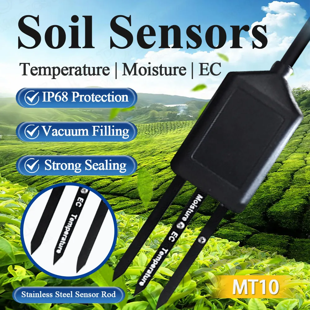 MT10 Soil Sensor Module Temperature Moisture EC Conductivity Detection RS485 MODBUS RTU SDI-12 5M Cable Probe Transmitters IP68