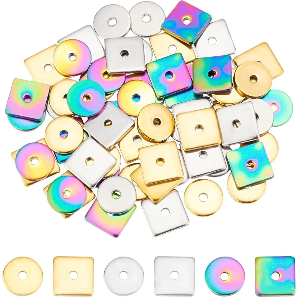 60 قطعة 2 أنماط 3 ألوان الفولاذ المقاوم للصدأ خزر عازل شقة مستديرة مربع حبة النتائج المعادن فضفاض الخرز ل أساور يدوية #1