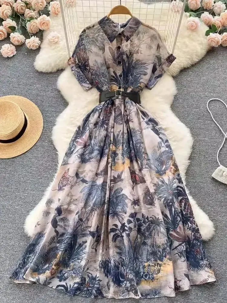 

French Vintage Party Dress Summer Shirt Collar Short Sleeve Elegant Flower Print High Waist Retro Single Breasted Belt Long Robe