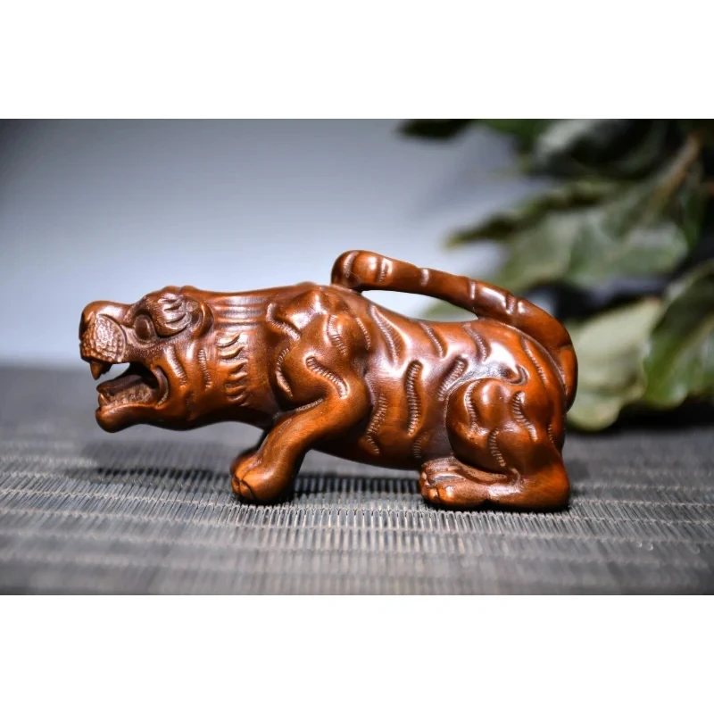 

3.5" Chinese Box-wood Hand Engraving Animal 12 Zodiac Crouch Tiger Statue Craft Gift Decoration Home Decore