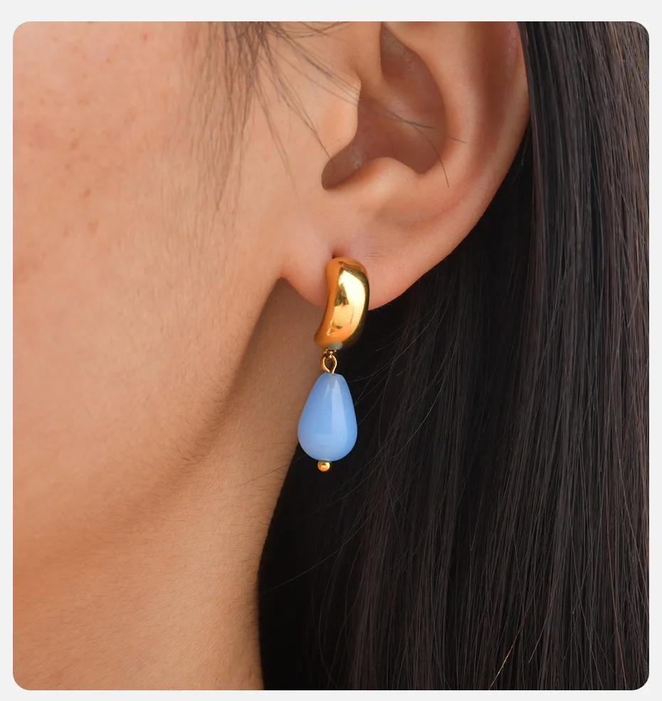 Vnox Boho Naturstein-Wassertropfen-Ohrringe für Damen, vergoldet, C-Form, Aquamarin-Chalcedon-Ohrringe, Sommer-Strandschmuck – Detail 2