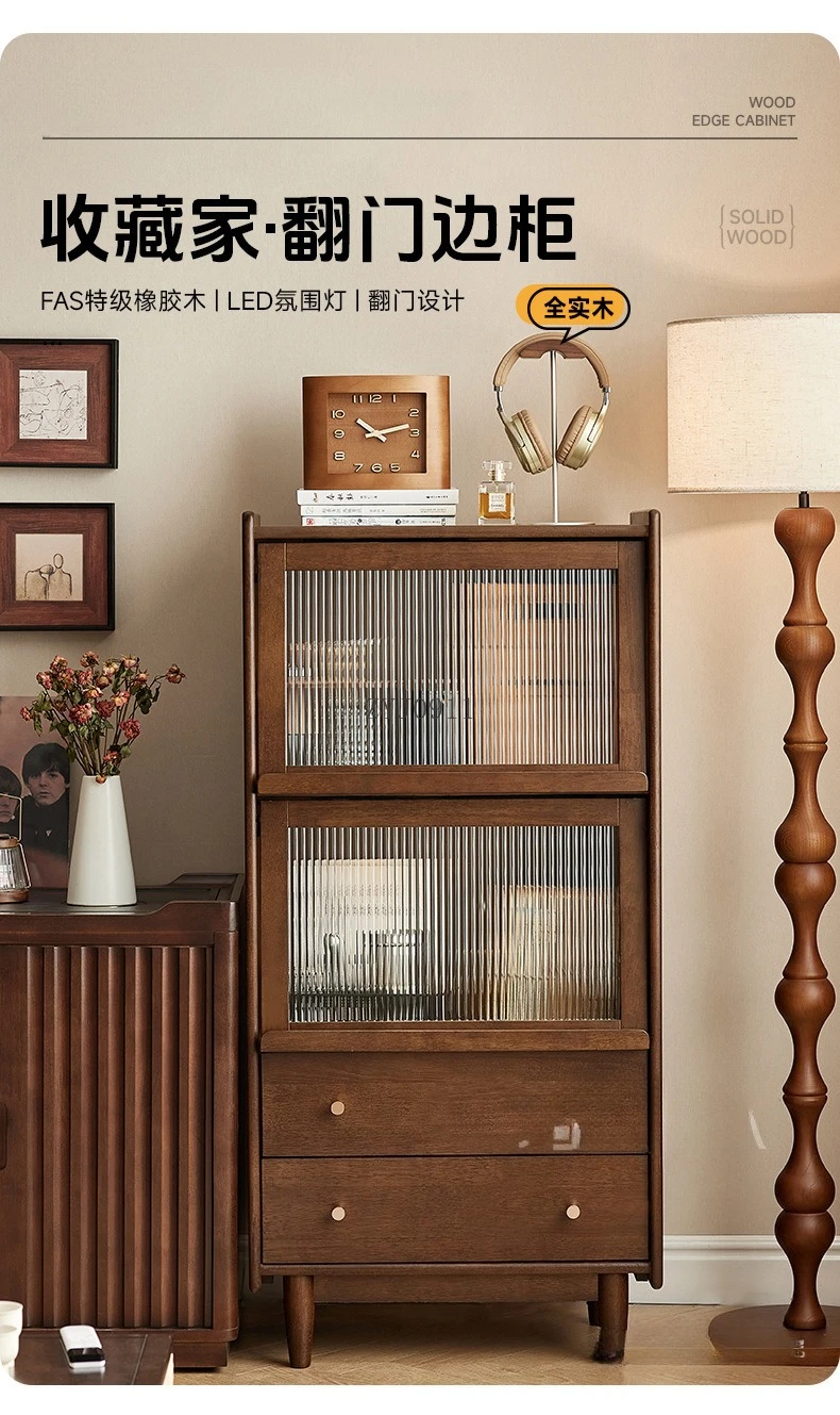 غرفة معيشة منزلية من الخشب الصلب، وخزانة حافة من الخشب المطاطي، وخزانة مجلات مدمجة على الحائط، وخزانة تخزين زجاجية #4