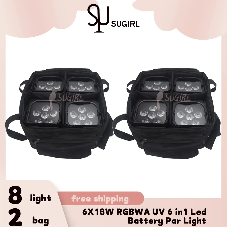 

No Tax 8PCS and 2 bags Stage Light 6X18W RGBAW UV Battery Powered PAR DMX512 Smart DJ LED Stage Lighting For Event Party