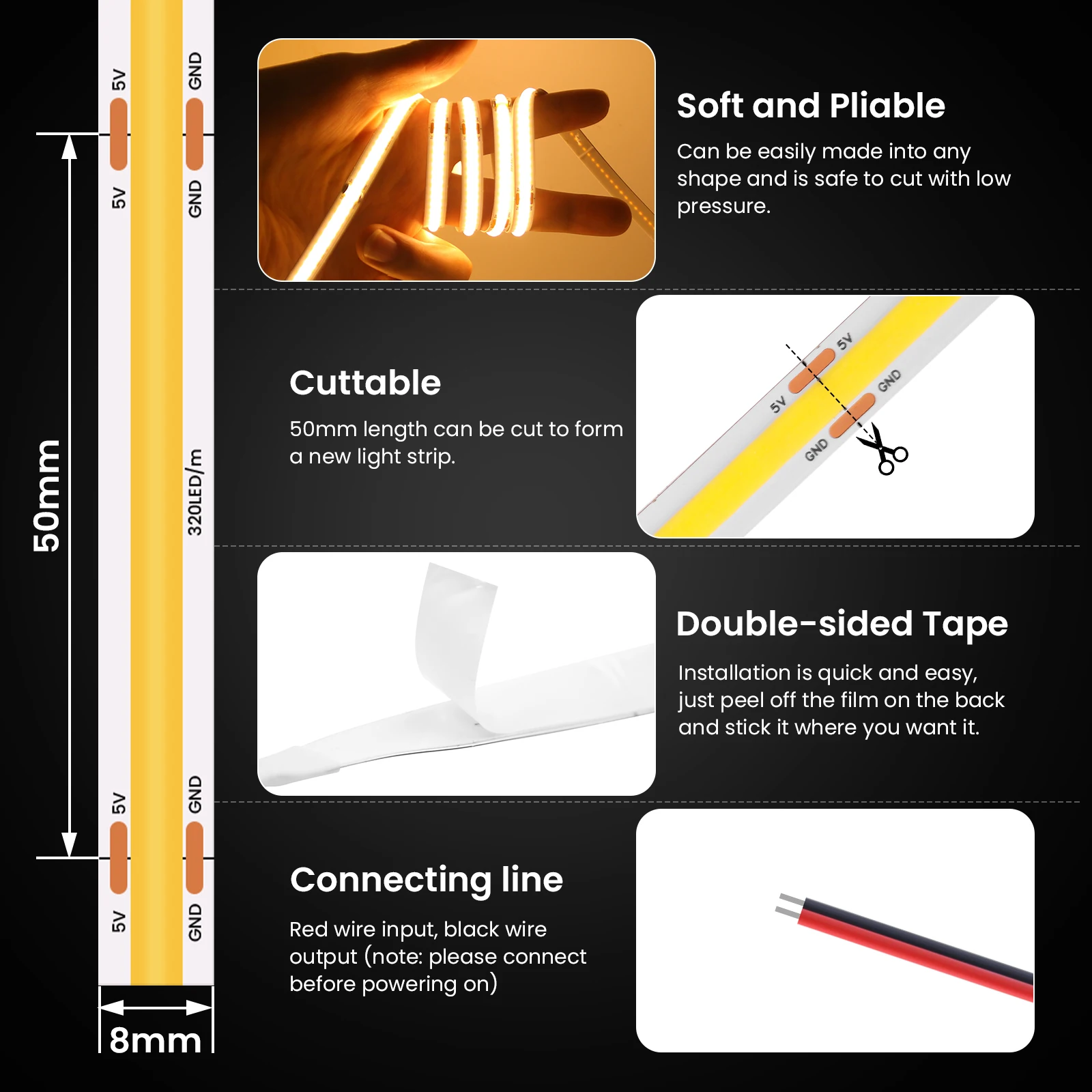 Bande Lumineuse LED COB Flexible, Haute Densité, USB 320 Gible/m, 3mm, 5mm, 8mm de Largeur, Lampe de Décoration Intérieure, DC 5V/12V