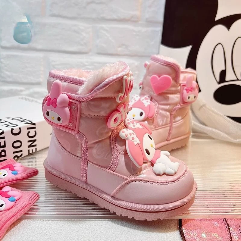 Sanrio My Melody Pink Snow Boots Anime Children Girl Mid-calf Cotton Boots Winter Velvet Thickened Waterproof Non-slip Loafers