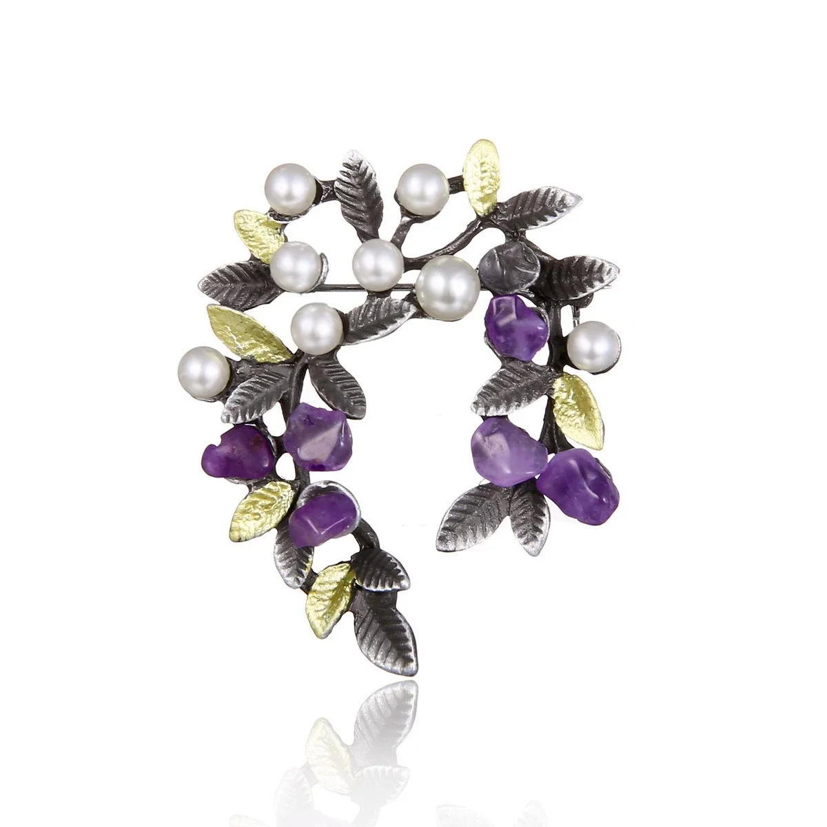 Purple Natural Stone Tree Leaf Brooches Pin Fashion Imitation Pearl Gravel Branch Women Lapel Badge Wedding Accessories Jewelry