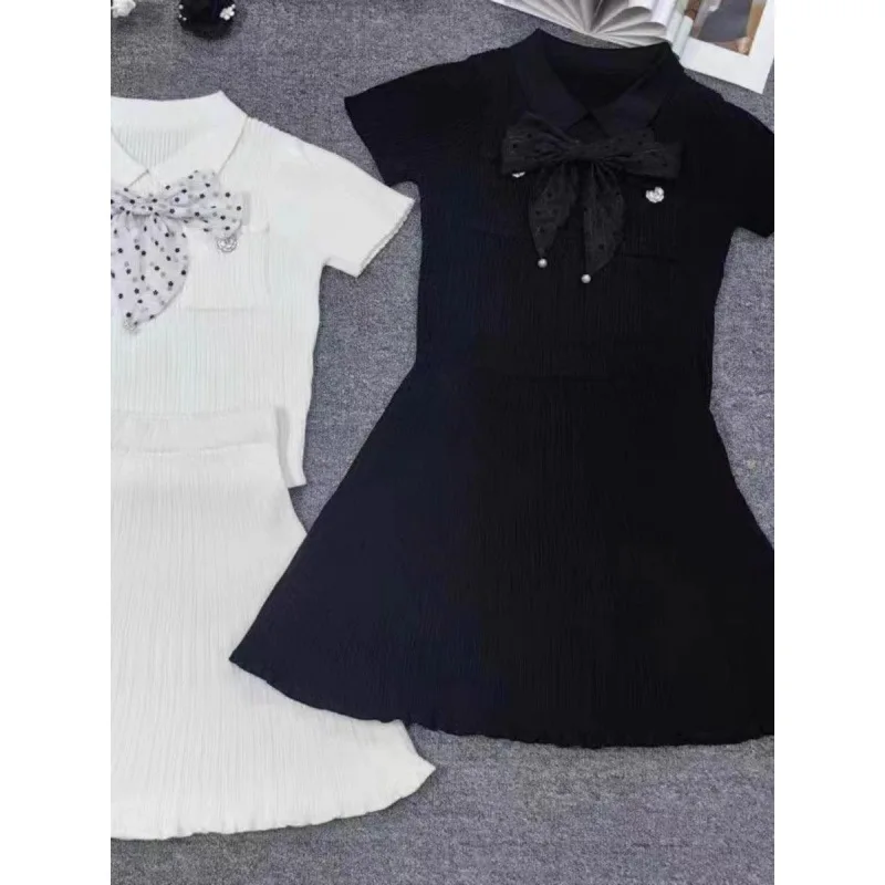 2025 Summer New Polo Neck Short Sleeve Knitted Dress Y2K Fashion Commuter Elastic Slim Fit Multi Pocket Wrapped Hip Skirt
