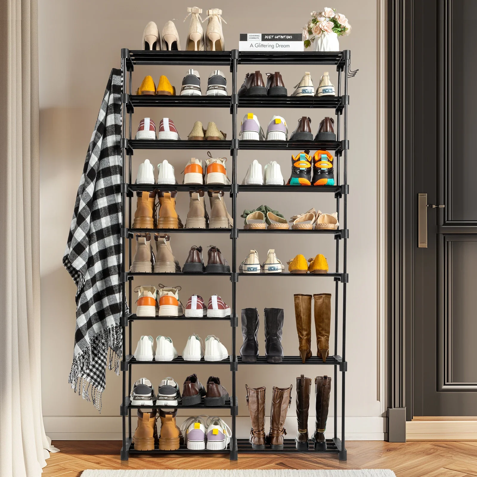 

US Stock FCH double row 10 layers non-woven shoe rack iron pipe + PP pad + plastic 85.7*29.8*158cm black