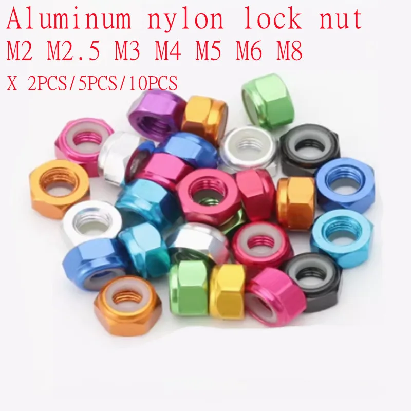 2pcs-10pcs M2 M2.5 M3 M4 M5 M6 M8 Anodized Multi-color colourful aluminum Hex nylon lock nut