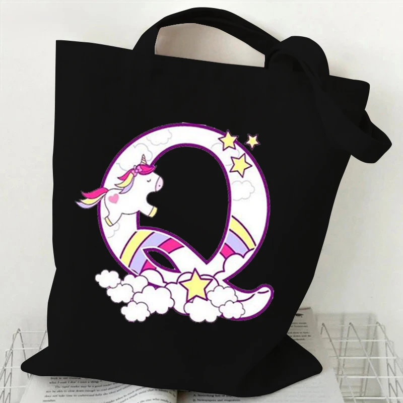 Cartoon Einhorn Buchstaben A-Z Einkaufstasche niedlichen Einhorn Shopper Handtasche Mode Leinwand für Frauen Grafik Shopper Alphabet Einkaufstasche