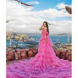 Sansa Off Shoulder Flying Dress Prom Dress Sexy Hot Pink Multilayer Vestidos De Fiesta Luxurious Sweep Train Evening Dress 2024