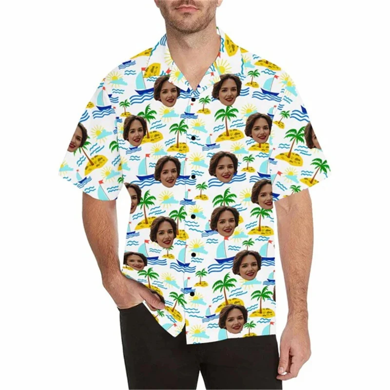 Personality Custom Face Photo Hawaiian Shirts For Men Clothing 3D Print Hawaii Beach Shirt Y2k Top Vintage Clothes Lapel Blouse